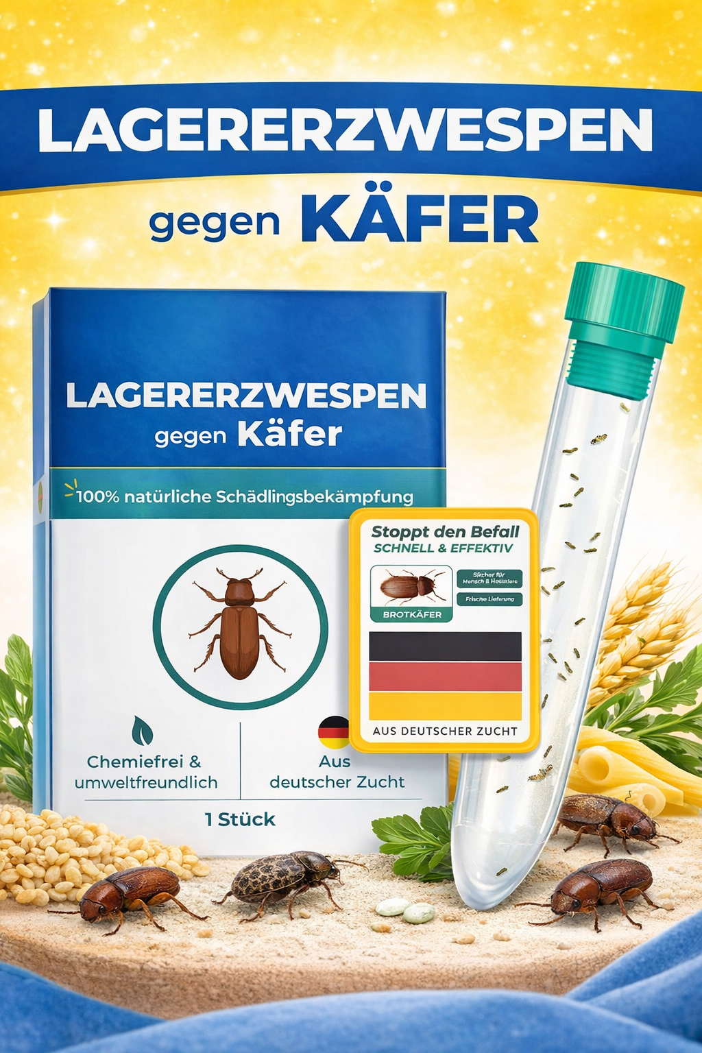 Lagererzwespen gegen Brotkäfer, Tabakkäfer, Kugelkäfer, Messingkäfer sowie Teppichkäfer usw.